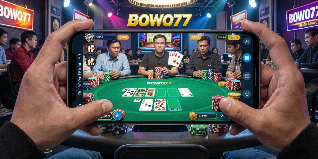 Screenshot gameplay BOWO77 menampilkan suasana meja Poker yang seru.