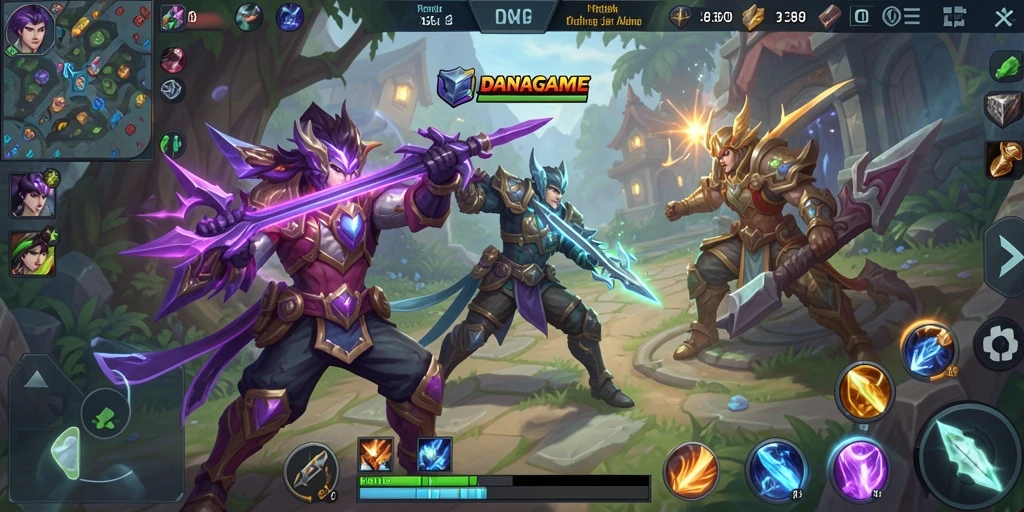 Screenshot utama DANAGAME menampilkan aksi pertarungan MOBA yang mendebarkan.