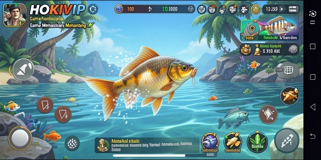 Screenshot gameplay HOKIVIP menampilkan serunya memancing ikan di lokasi yang indah.