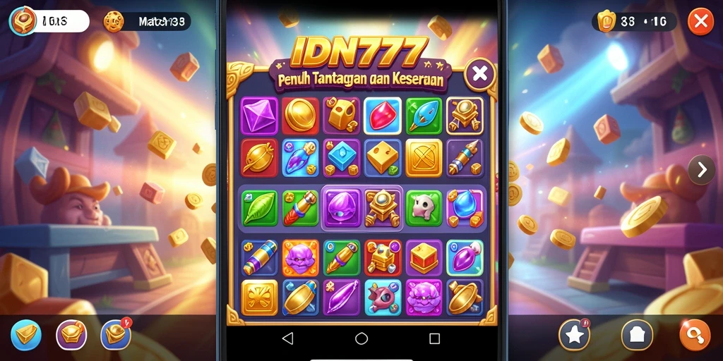 Tangkapan layar utama IDN777 menampilkan kombinasi objek berwarna-warni dalam gameplay Match-3.