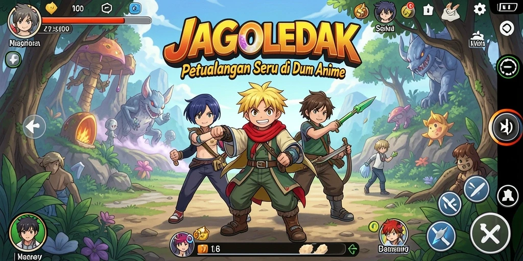 Tampilan gameplay JAGOLEDAK dengan karakter anime yang beraksi.