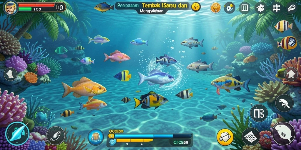 Screenshot gameplay OCE69 menampilkan aksi menembak ikan yang mendebarkan.