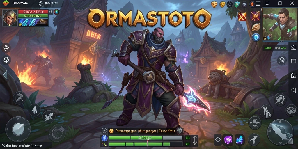 Tampilan layar gameplay seru dengan karakter bertarung di dunia fantasi.