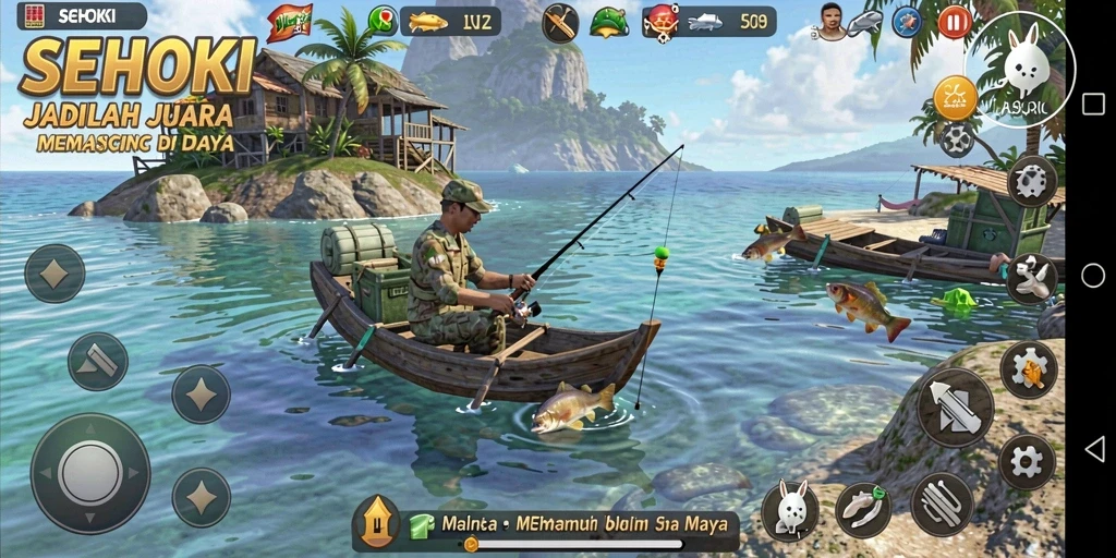 Screenshot gameplay SEHOKI menampilkan aksi seru saat memancing ikan.