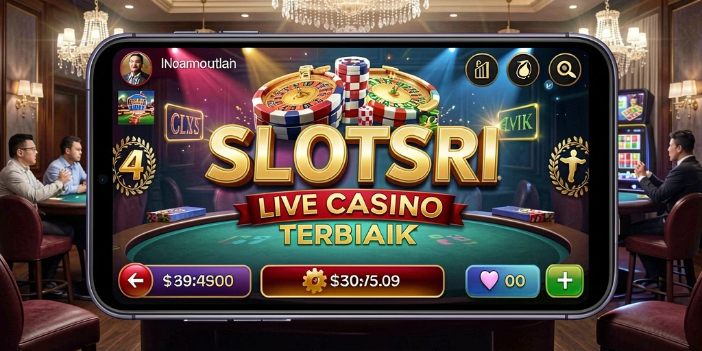 Screenshot gameplay SLOTSRI menunjukkan dealer langsung dan interaksi pemain.