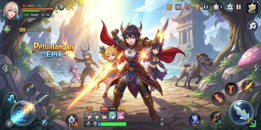 T6 - tampilan dinamis dari karakter anime dalam pertempuran.